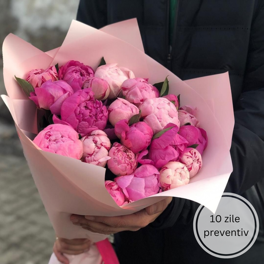 Bouquet of Pink Fuchsia Peonies in Pink Paper