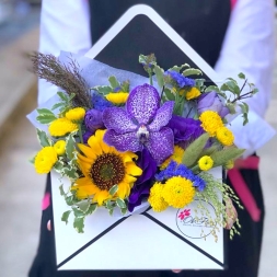 Arrangement of Yellow-Purple Flowers in Envelope