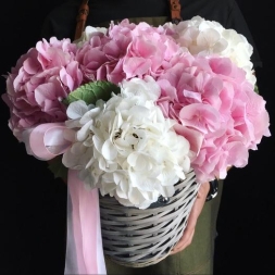 Basket with Pink and White Hydrangeas