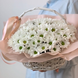 White Chrisantemum in Small Basket