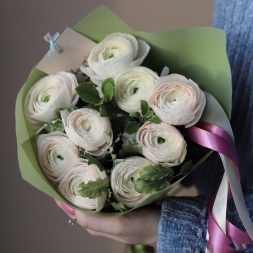 Bouquet of Ranunculus and Ruscus in Green Paper