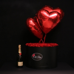 Box of 51 Red Roses, 3 Red Hearts with Helium and Moet Chandon