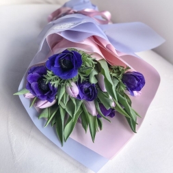 Bouquet of Purple Tulips and Anemone