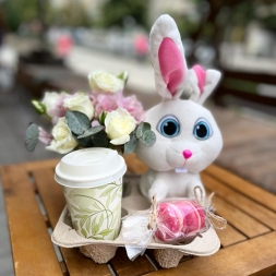 Flowers and Coffee with Macarons and Bunny