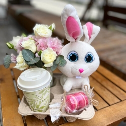 Flowers and Coffee with Macarons and Bunny