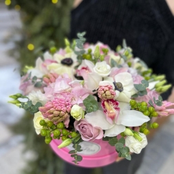 Composition of Pink and White Flowers in a Box