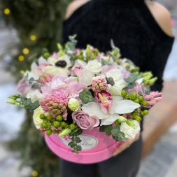 Composition of Pink and White Flowers in a Box