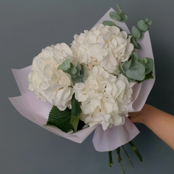 Bouquet of White Hydrangeas and Eucalyptus