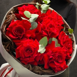 Bouquet of Red Twisted Roses and Eucalyptus