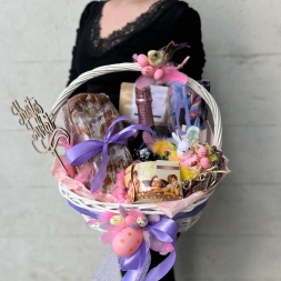 Easter Basket with Cake, Wine, Sweets and Scented Candle
