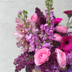 Basket with Lilac, Matthiola and Pink Flowers