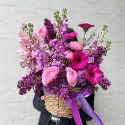 Basket with Lilac, Matthiola and Pink Flowers