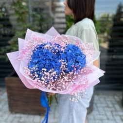 Bouquet with Blue Hydrangea and Pink Gypsophila