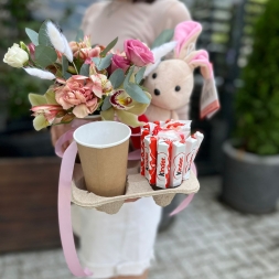 Coffee, Composition of Flowers, Bunny and Sweets