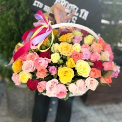 Basket with 101 multicolored roses