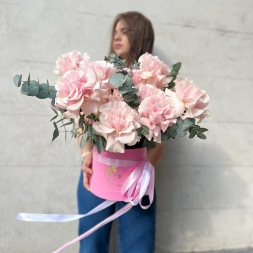 French Roses and Eucalyptus in Pink Box