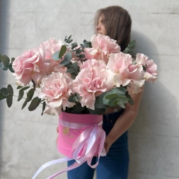 French Roses and Eucalyptus in Pink Box