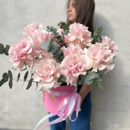 French Roses and Eucalyptus in Pink Box