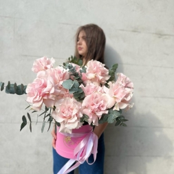 French Roses and Eucalyptus in Pink Box