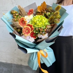 Bouquet with Green Hydrangea and Autumn Flowers