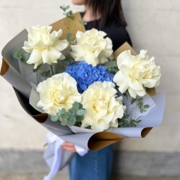 Buchet de flori cu trandafiri francezi albi si hortensie albastra