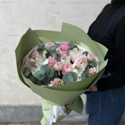 Cute Pink White Bouquet with Ranunculus, Tulips and Hyacinths