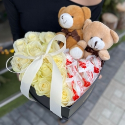 Heart with White Roses, Raffaello and Teddy Bears