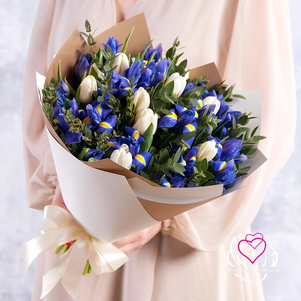 Bouquet with White Tulips, Irises and Greenery