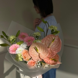 Bouquet with Salmon Anthurium, Lilies, Gerbera and Dianthus