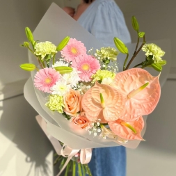 Bouquet with Salmon Anthurium, Lilies, Gerbera and Dianthus