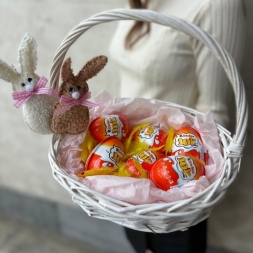 Basket with Kinder Joy Eggs and Rabbits