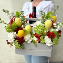 Easter Box with Flowers and Wine Bottle