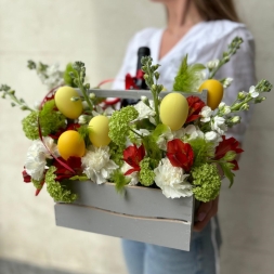 Easter Box with Flowers and Wine Bottle