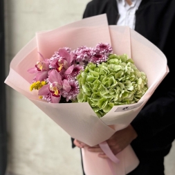 Bouquet with Hydrangea, Chrysanthemums and Cymbidium Orchids