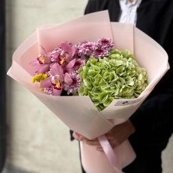 Bouquet with Hydrangea, Chrysanthemums and Cymbidium Orchids