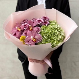 Bouquet with Hydrangea, Chrysanthemums and Cymbidium Orchids