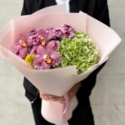 Bouquet with Hydrangea, Chrysanthemums and Cymbidium Orchids