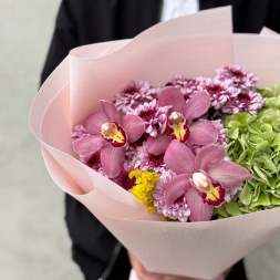 Bouquet with Hydrangea, Chrysanthemums and Cymbidium Orchids