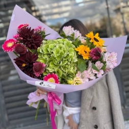 Autumn Bouquet with Dahlias, Hydrangea and Sunflower