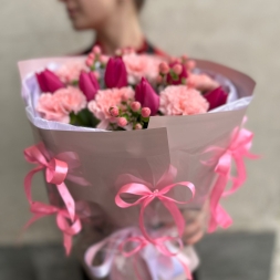 Bouquet with Tulips, Hypericum and Dianthus