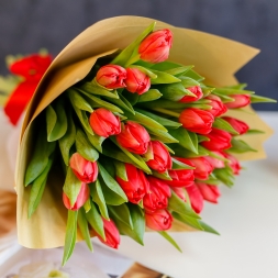 Bouquet of 25 red tulips in natural paper